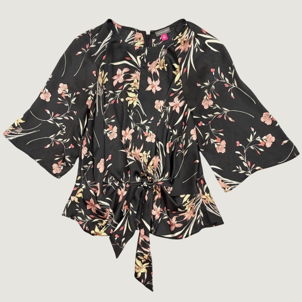 Vince Camuto Black Floral Tie Front Bell Sleeve Blouse Top M Bell Sleeves